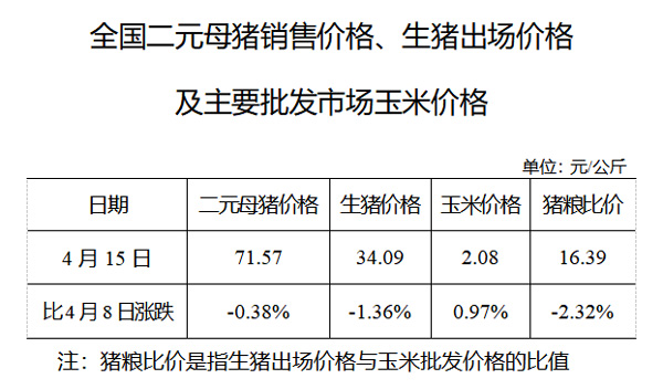 全国二元母猪销售价格、生猪出场价格及主要批发市场玉米价格(4月15日)